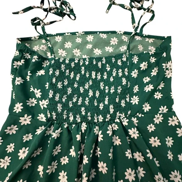 Green Floral Dress Tie Strap Smocked Sundress Summer Mini‎ Dress - Picture 13 of 14